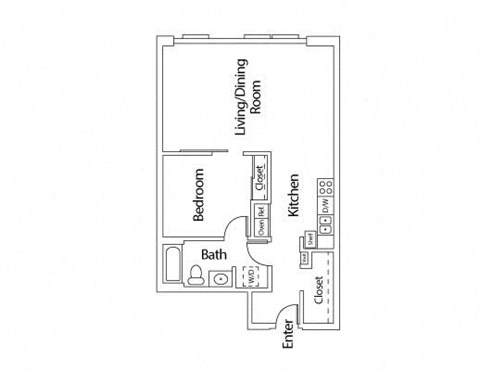 Floor plan for 1 bed, 1 bath, 777 sqft
